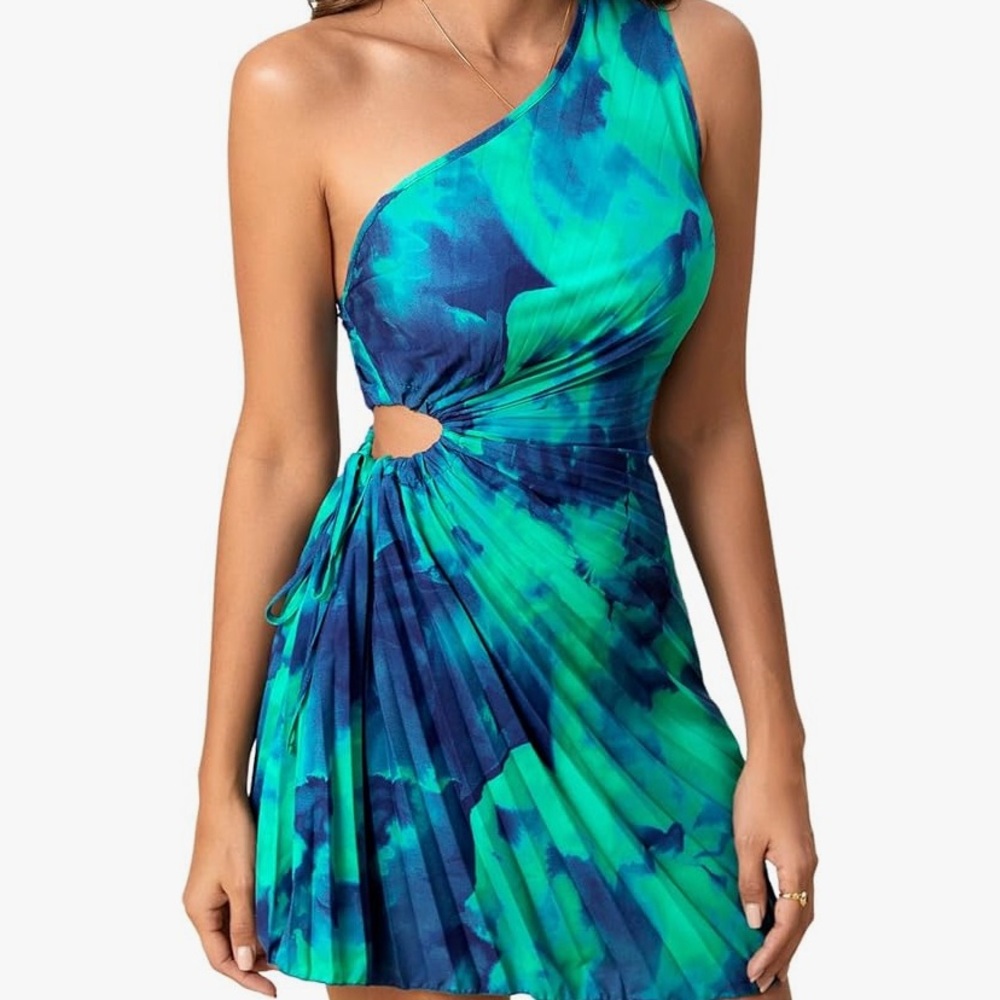 Blue and Green One-Shoulder Dress